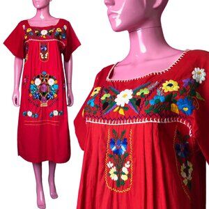 Vintage 70s M Mexican Dress Red Midi Hand Embroidered Puebla Floral Butterfly